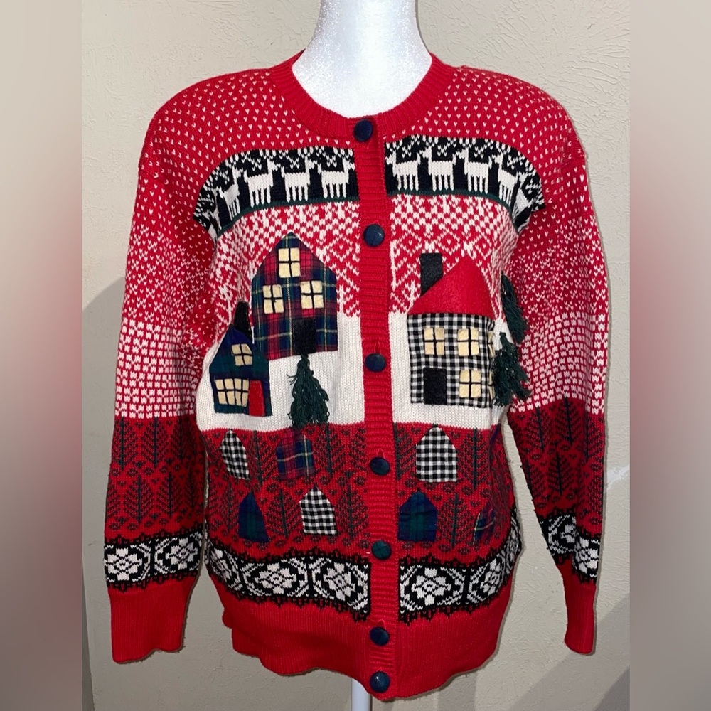 Susan Bristol Vintage 1991 Women’s Size M Cabin Christmas Sweater Cardigan Isle - Picture 2 of 12